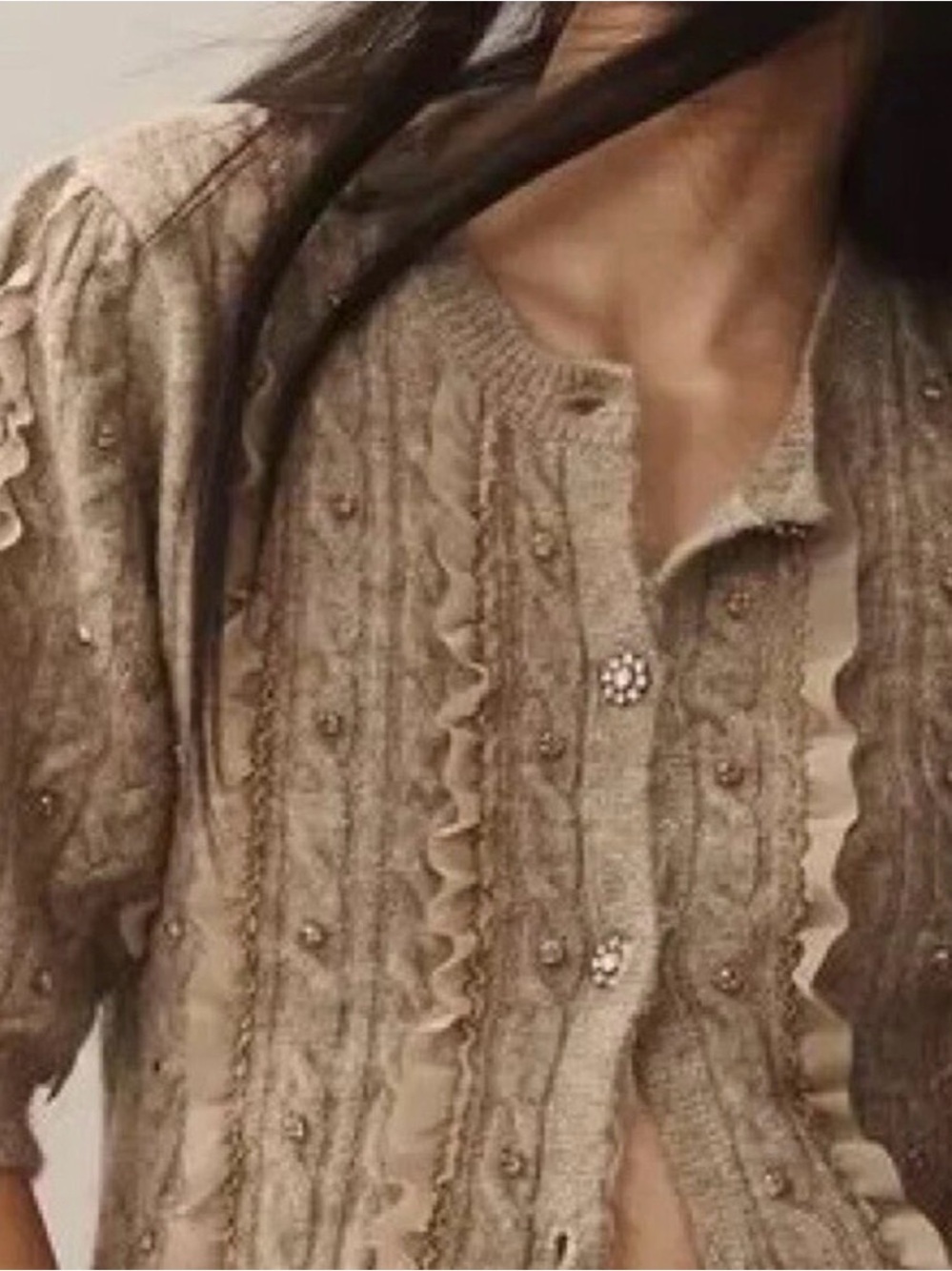 NWT Anthropologie Maeve Beige Embellished Ruffle Sweater Cardigan XS